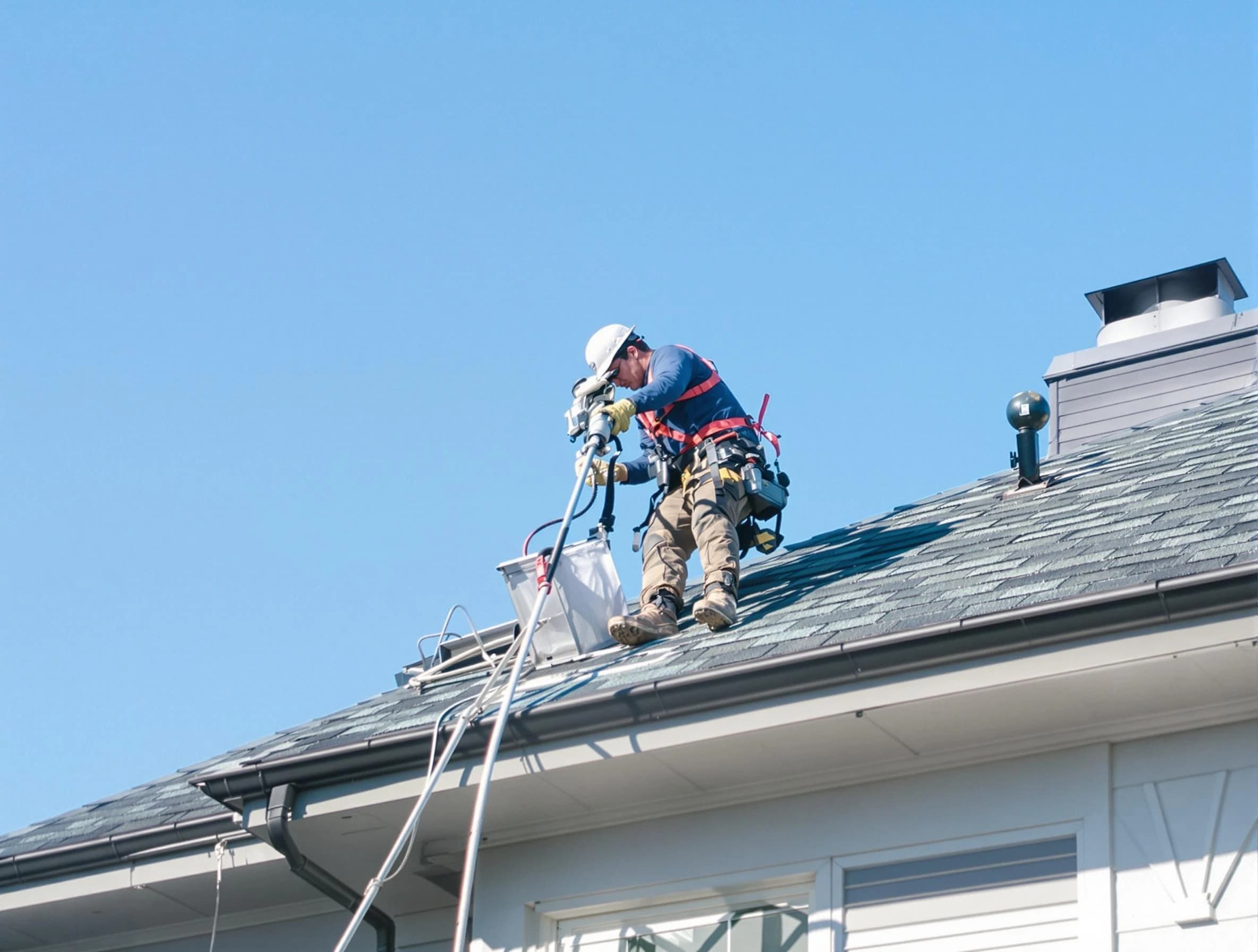 Meadow Lake Dryer Vent Cleaning certified technician cleaning a roof-mounted dryer vent system in Meadow Lake