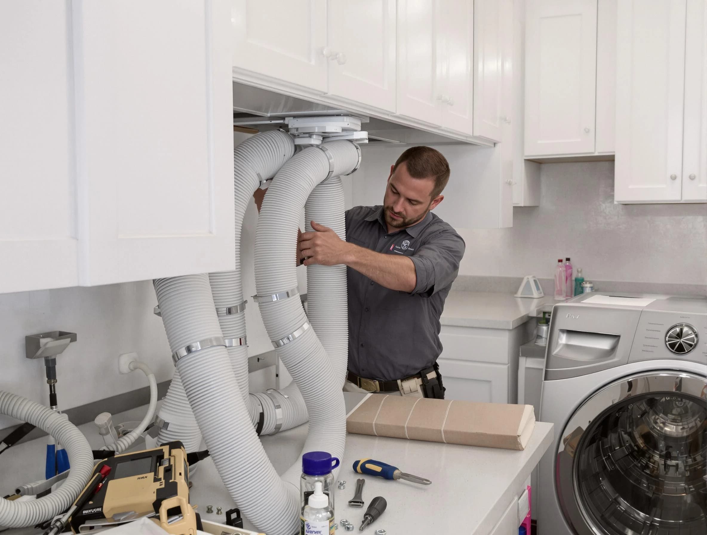 Meadow Lake Dryer Vent Cleaning technician installing a new professional-grade dryer vent hose in Meadow Lake