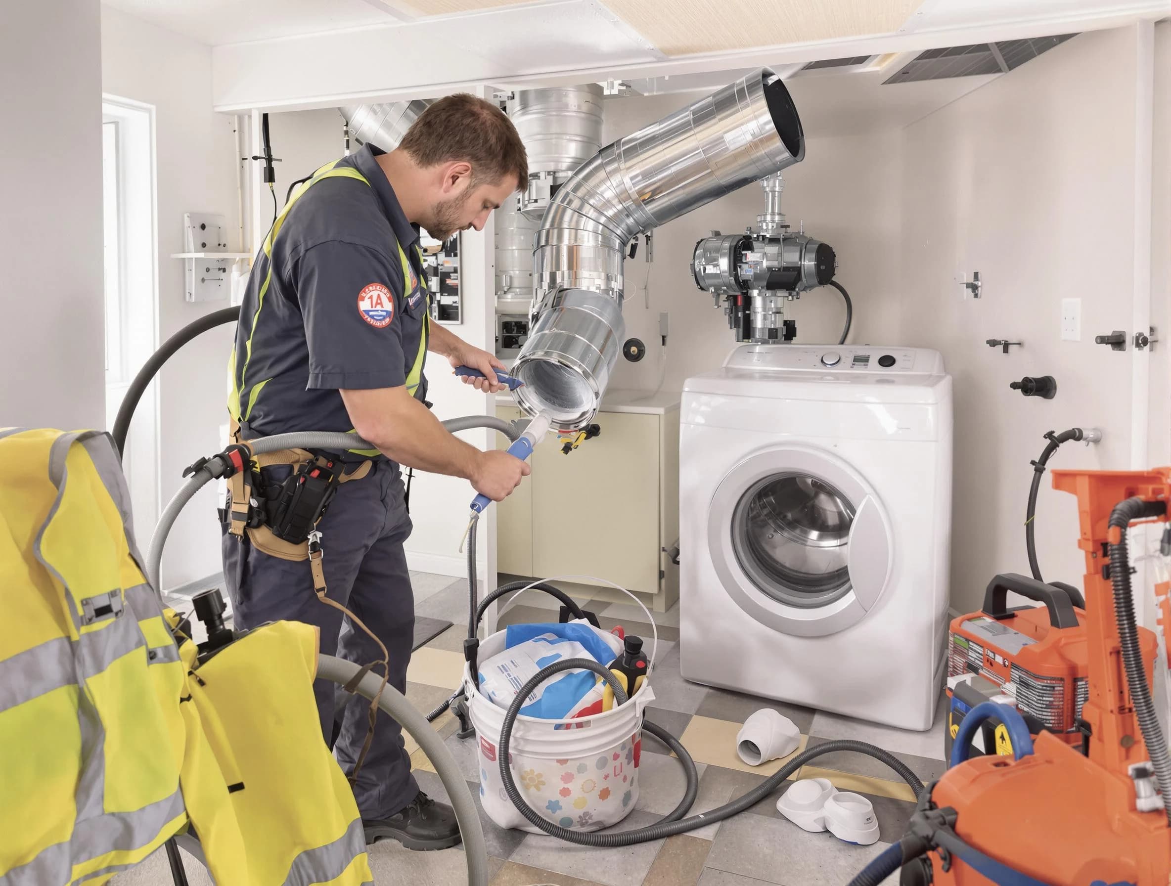 Meadow Lake Dryer Vent Cleaning technician using specialized equipment to clear severe dryer vent blockage in Meadow Lake