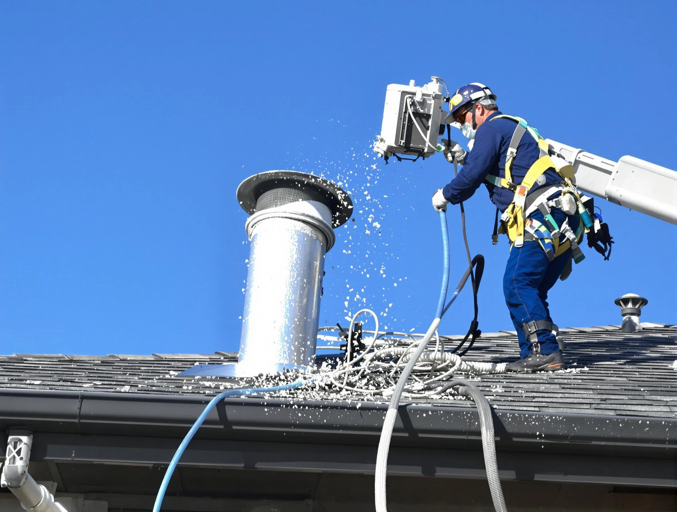 Meadow Lake Dryer Vent Cleaning certified technician safely cleaning a roof-mounted dryer vent in Meadow Lake