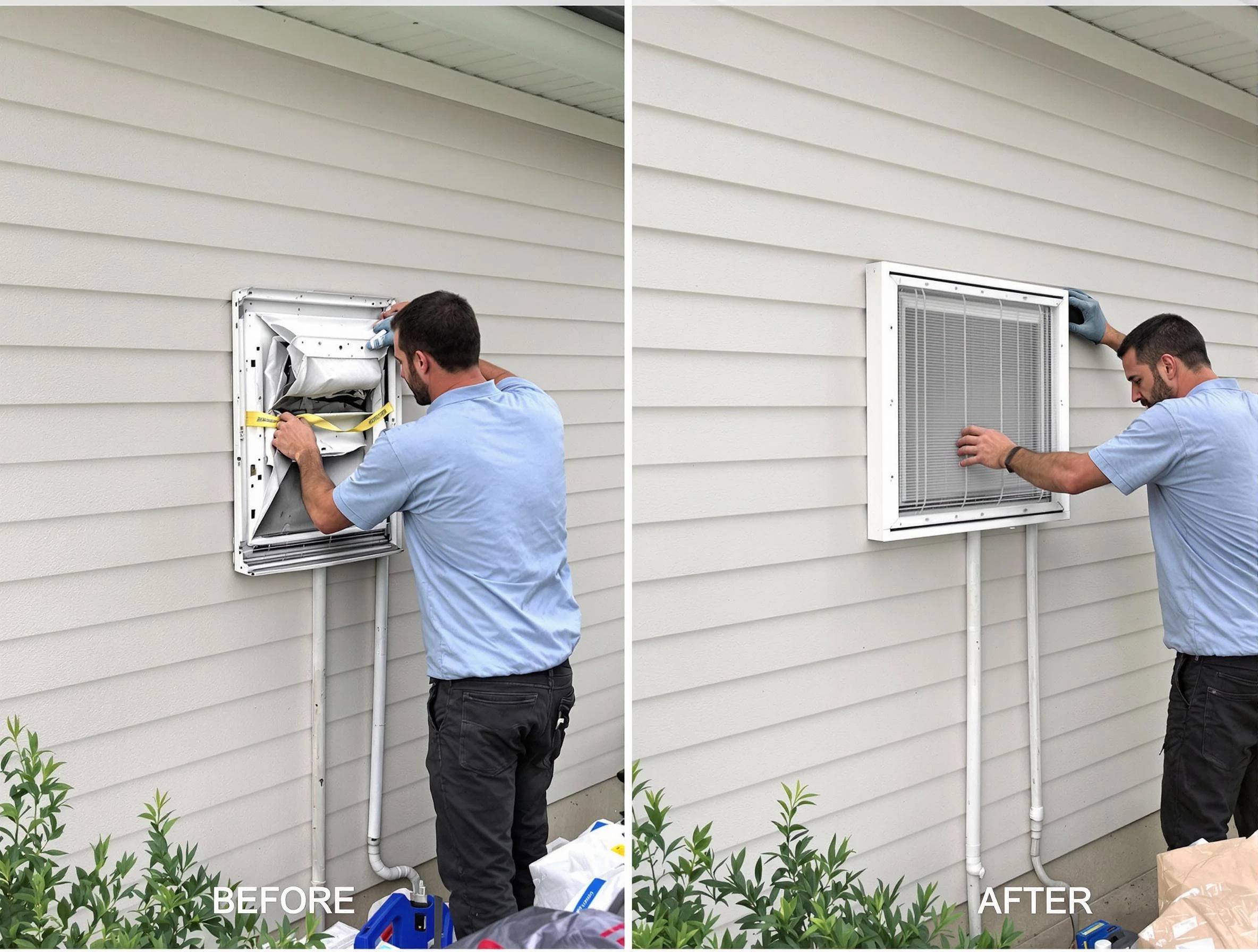 Meadow Lake Dryer Vent Cleaning technician installing high-quality dryer vent cover at a residential property in Meadow Lake