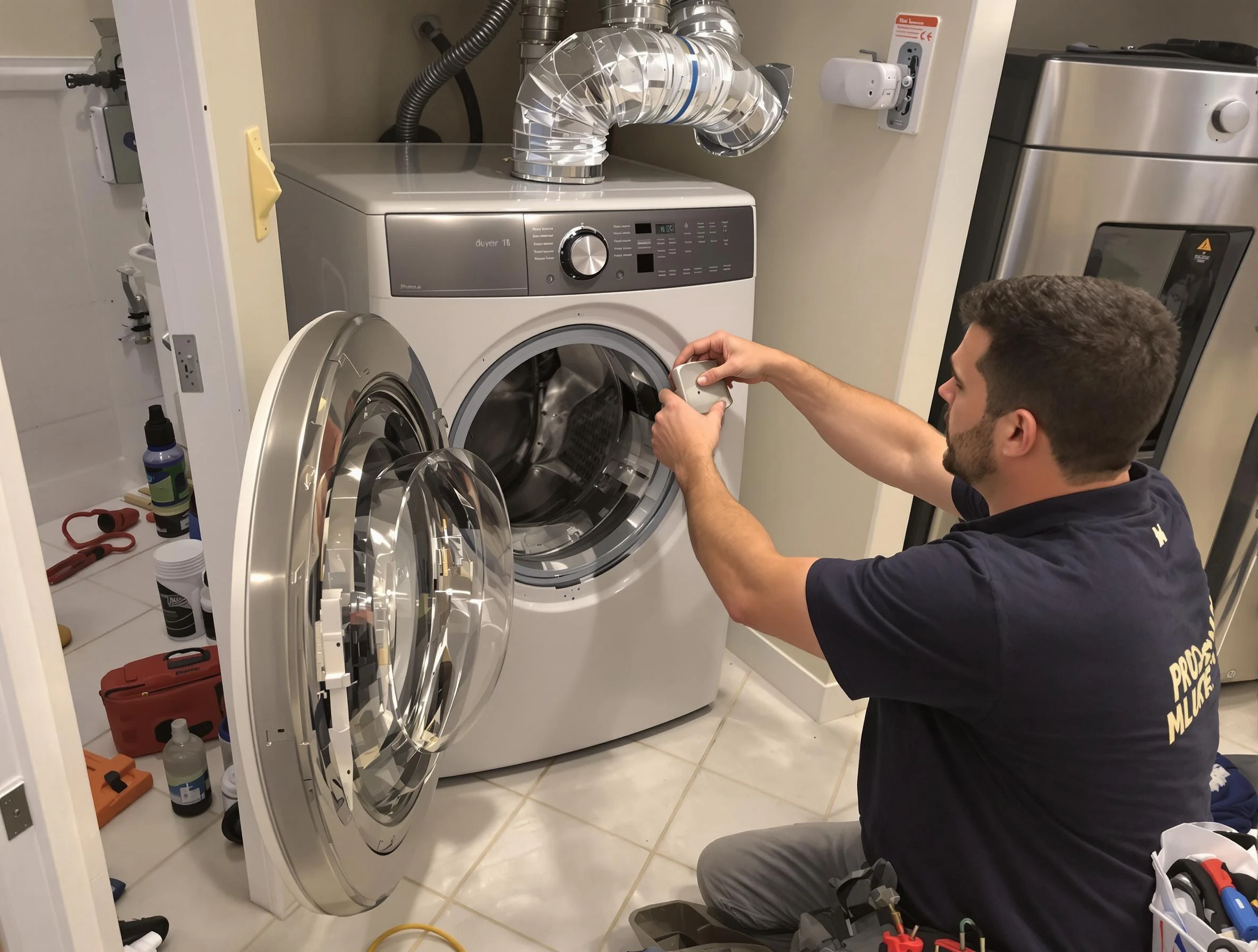 Meadow Lake Dryer Vent Cleaning technician performing precise dryer vent hose installation in Meadow Lake